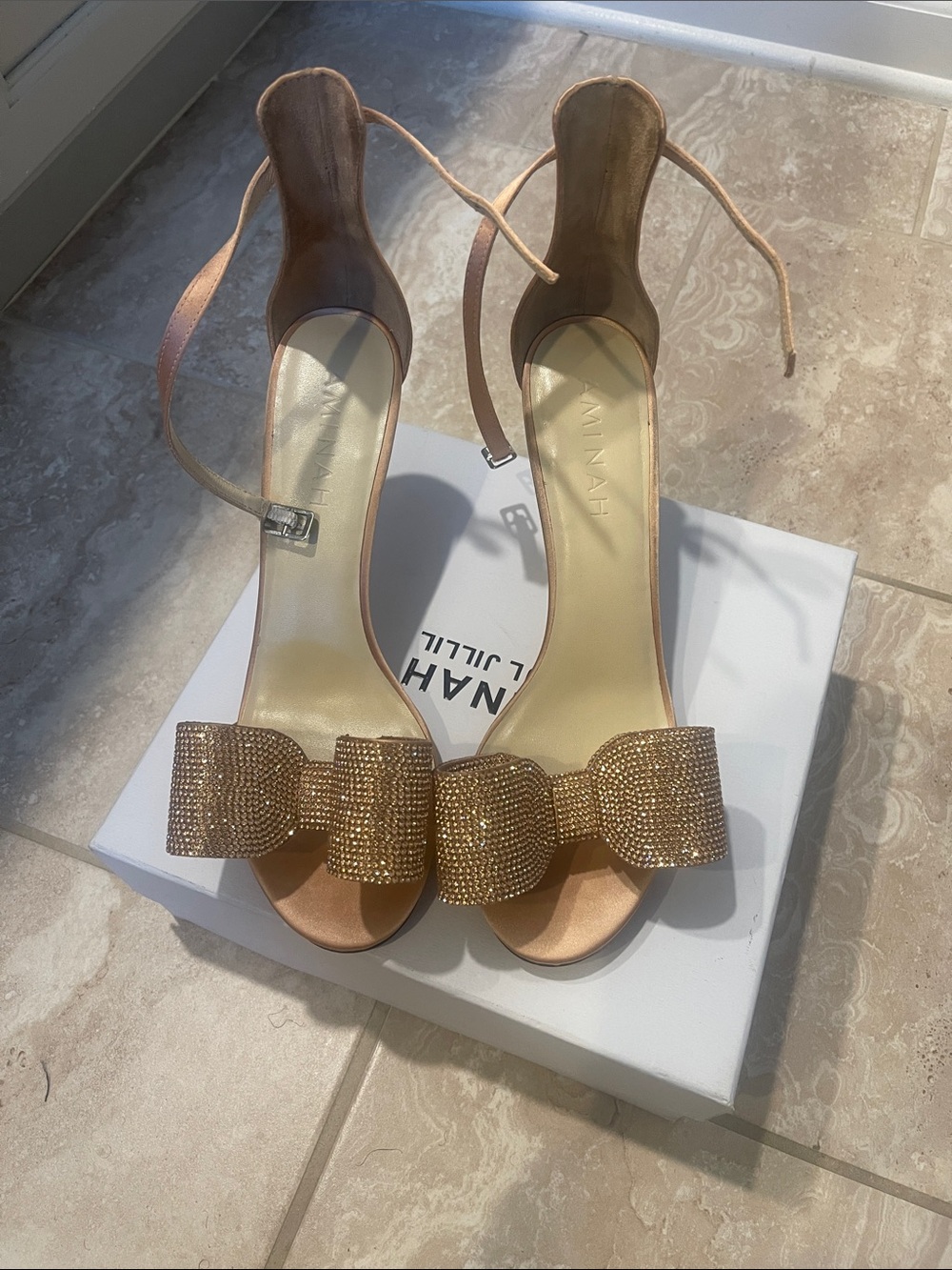 Women's Gold Embellished Bow Ankle-Strap Sandals from Aminah Abdul Jillil